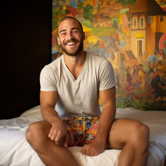 handsome man smiling on bed