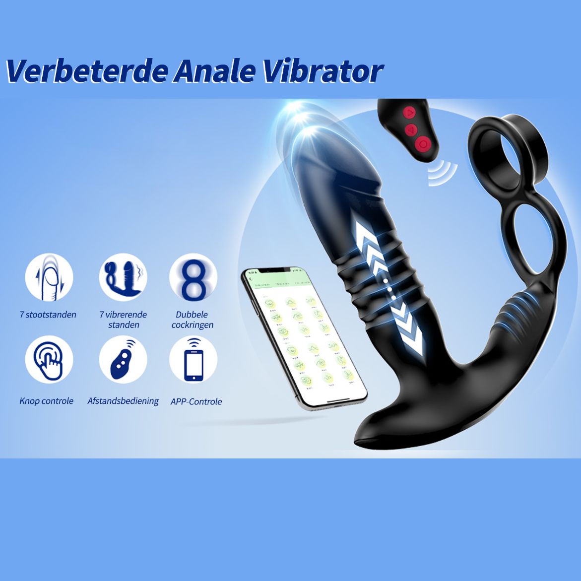 Stotende prostaat vibrator met dubbele cockring en app besturing