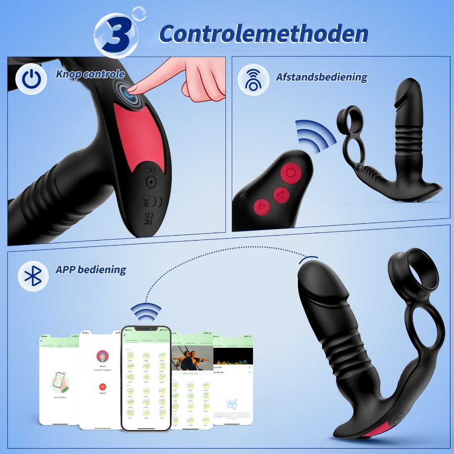 Stotende prostaat vibrator met dubbele cockring en app besturing